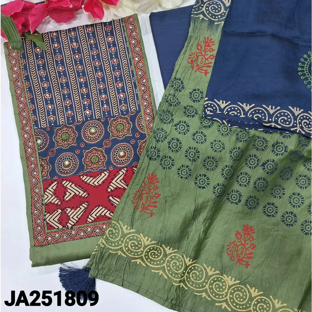 CODE JA251809: Sage green satin cotton unstitched salwar material ajrak block printed yoke patch(lining optional)blue