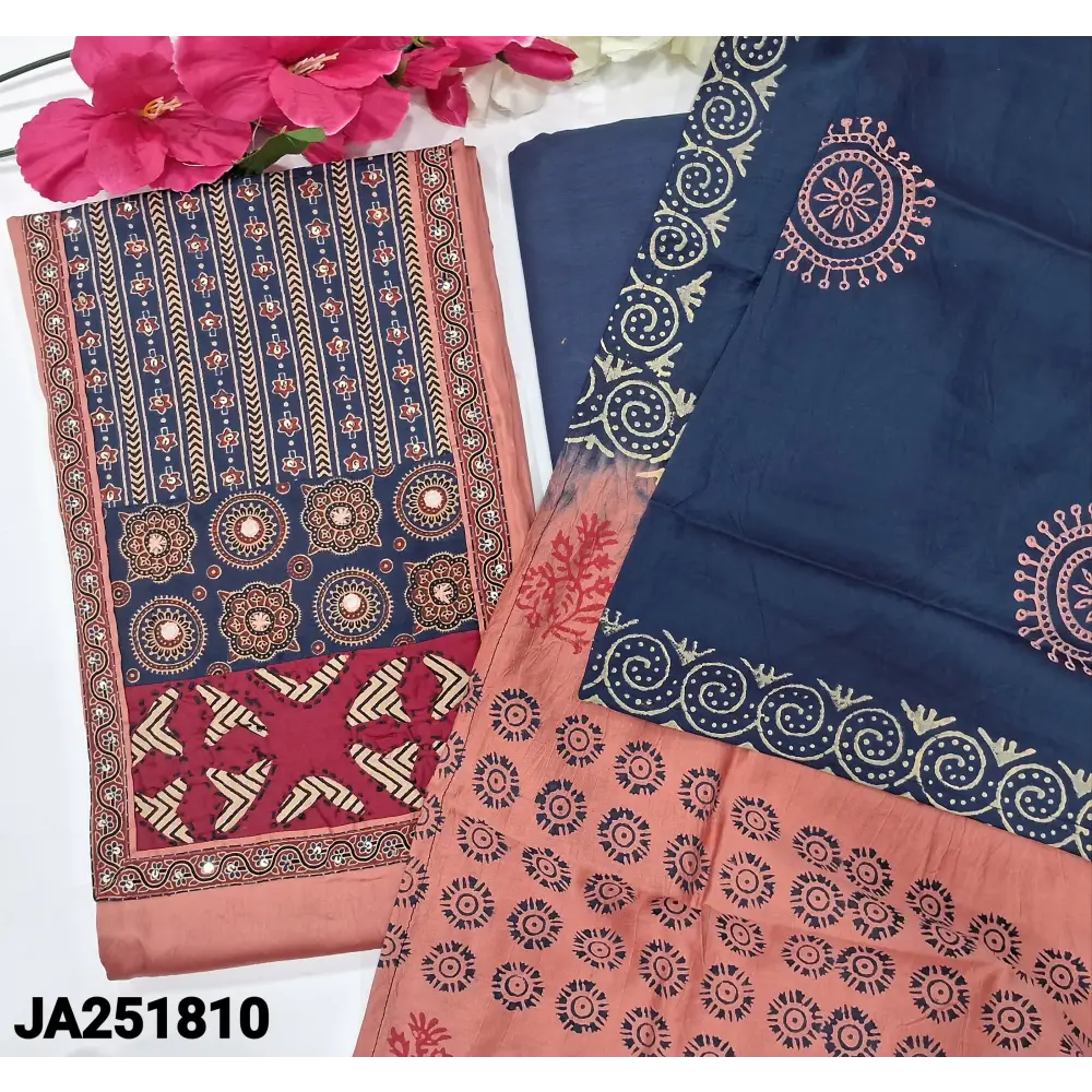 CODE JA251810: Peachish pink satin cotton unstitched salwar material ajrak block printed yoke patch(lining