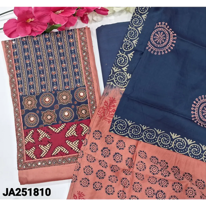 CODE JA251810: Peachish pink satin cotton unstitched salwar material ajrak block printed yoke patch(lining
