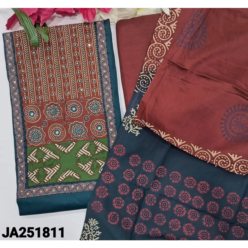 CODE JA251811: Dark teal blue satin cotton unstitched salwar material ajrak block printed yoke patch(lining