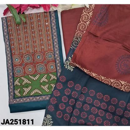 CODE JA251811: Dark teal blue satin cotton unstitched salwar material ajrak block printed yoke patch(lining