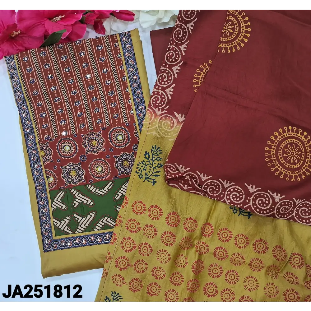 CODE JA251812: Light green satin cotton unstitched salwar material ajrak block printed yoke patch(lining