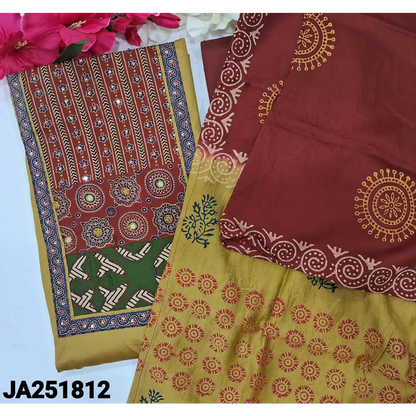 CODE JA251812: Light green satin cotton unstitched salwar material ajrak block printed yoke patch(lining