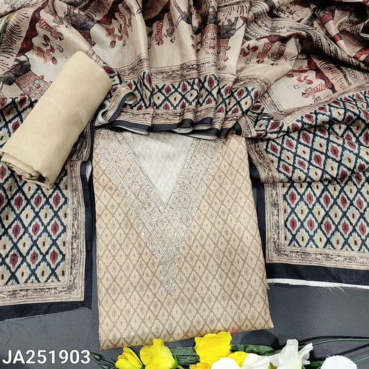 CODE JA251903: Rich beige jute silk unstitched salwar material v neck with zari& sequins work(thin fabric lining