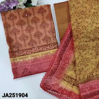 CODE JA251904: Yellow& pink block printed premium super net unstitched salwar material panel pattern on front(netted