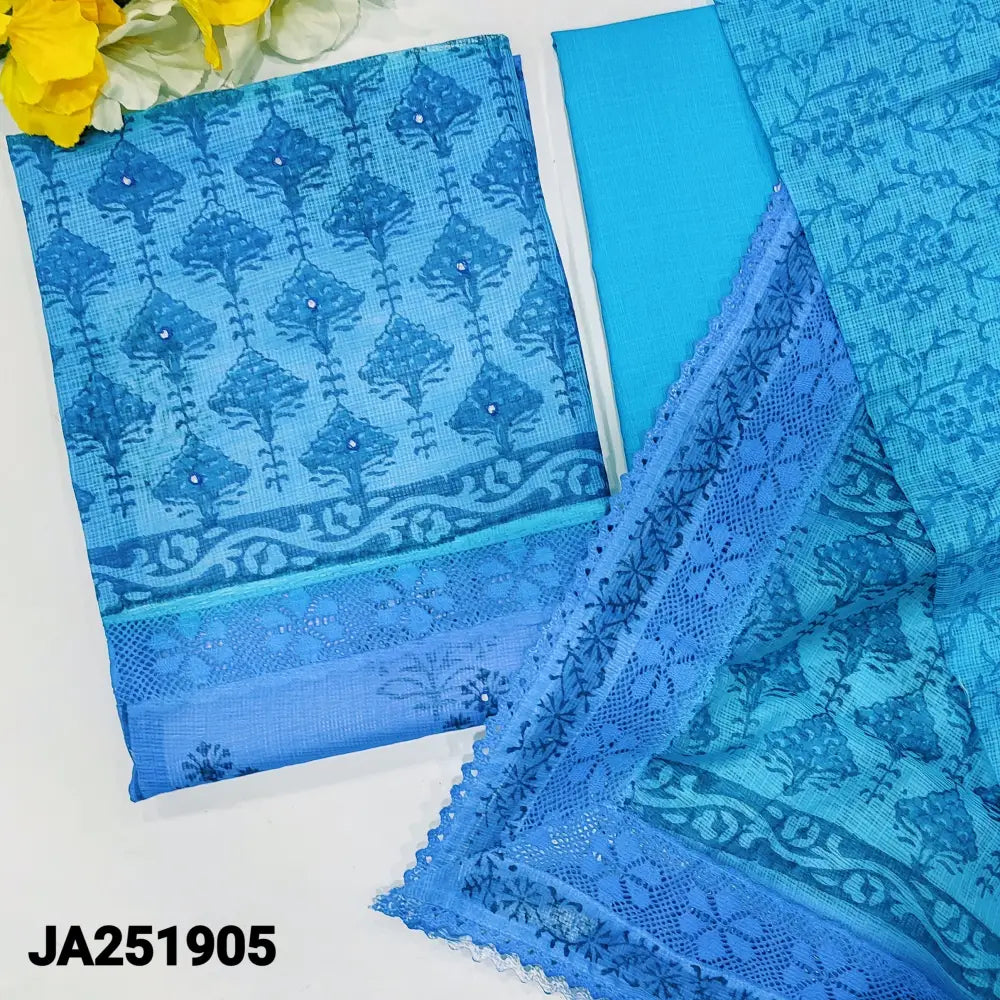 CODE JA251905: Light &dark blue block printed premium super net unstitched salwar material panel pattern