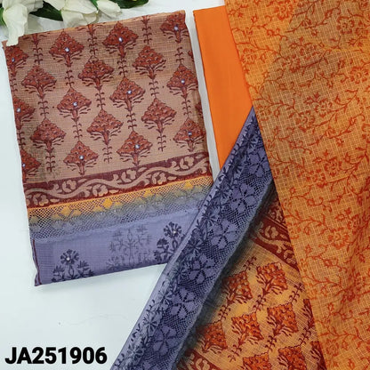 CODE JA251906: Peach& greyish purple block printed premium super net unstitched salwar material panel pattern