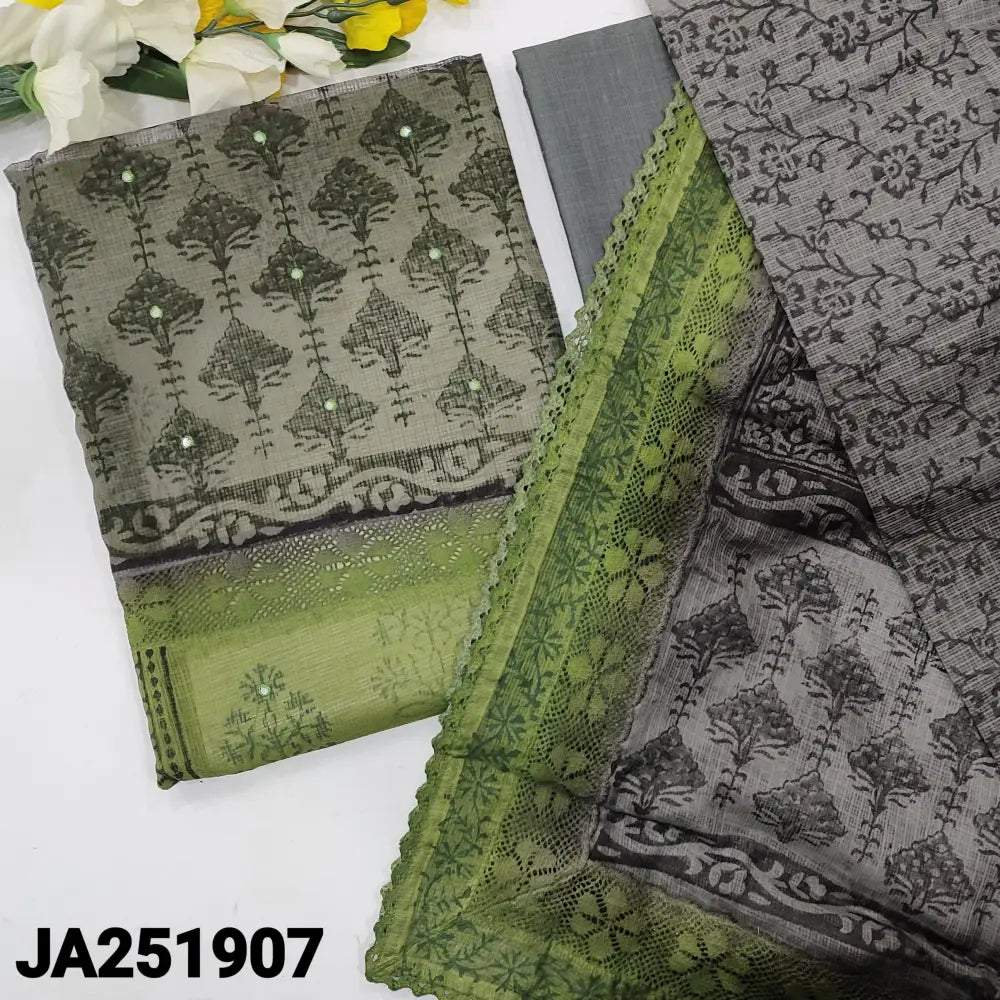 CODE JA251907: Grey& mossy green block printed premium super net unstitched salwar material panel pattern
