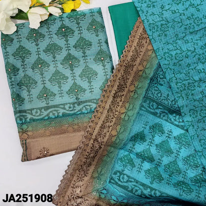 CODE JA251908: Blue& beige block printed premium super net unstitched salwar material panel pattern on front(netted