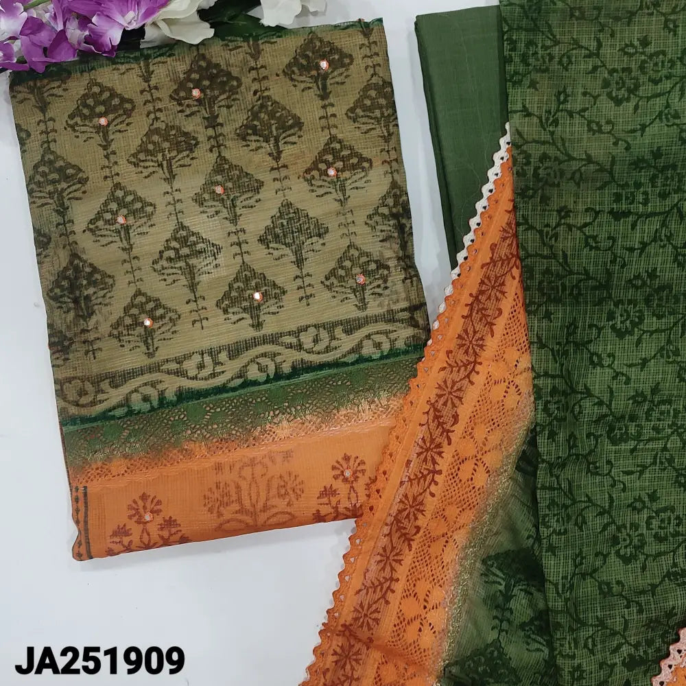 CODE JA251909: Green& orange block printed premium super net unstitched salwar material panel pattern on front(netted