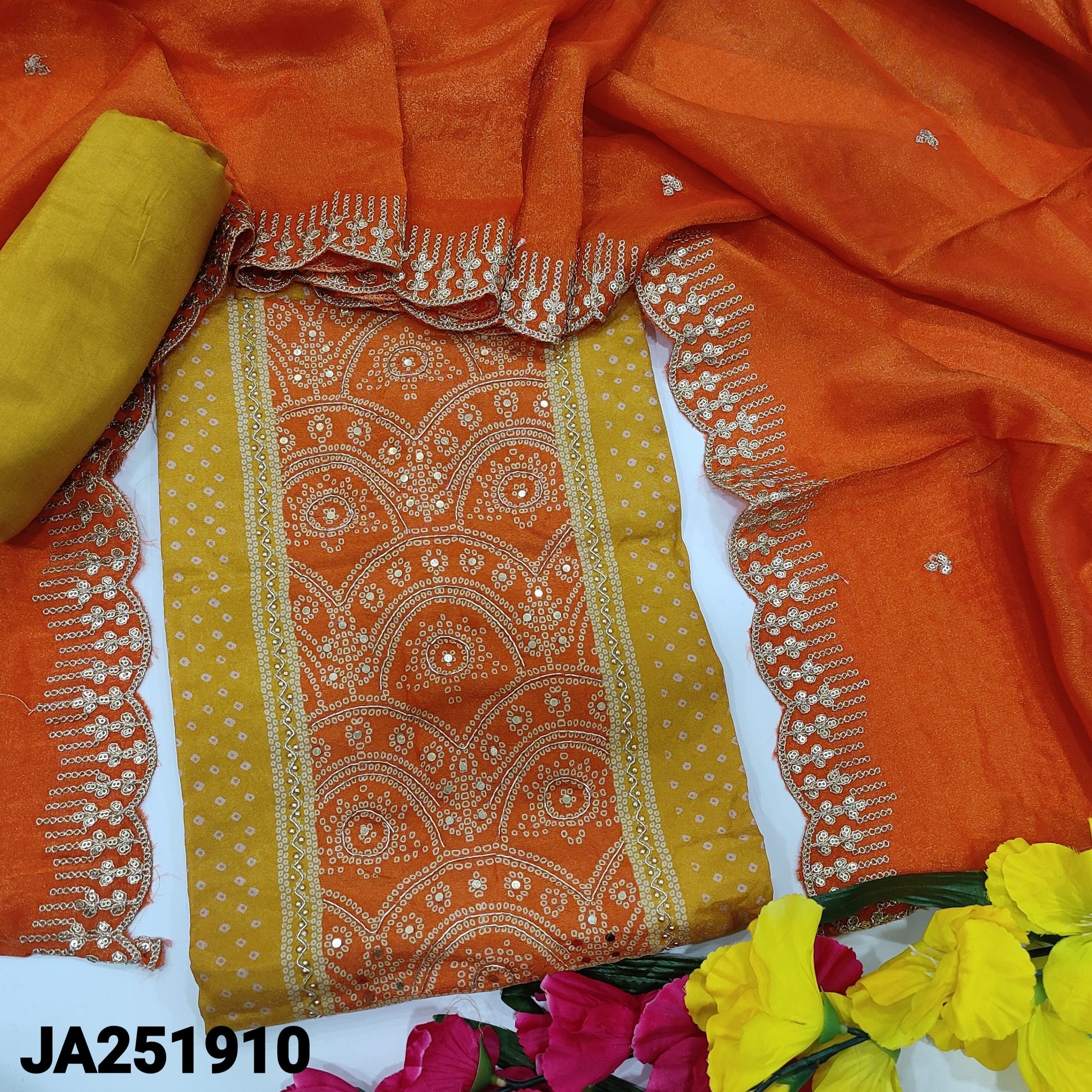 CODE JA251910: Light mehandhi yellow tissue organza silk semi stitched salwar material zardozi& zari work on yoke(thin