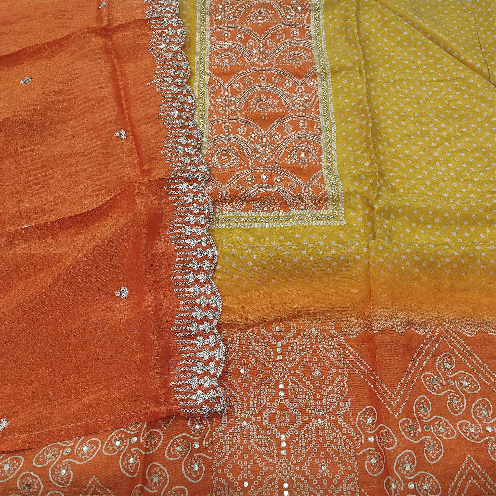 CODE JA251910: Light mehandhi yellow tissue organza silk semi stitched salwar material zardozi& zari work on yoke(thin