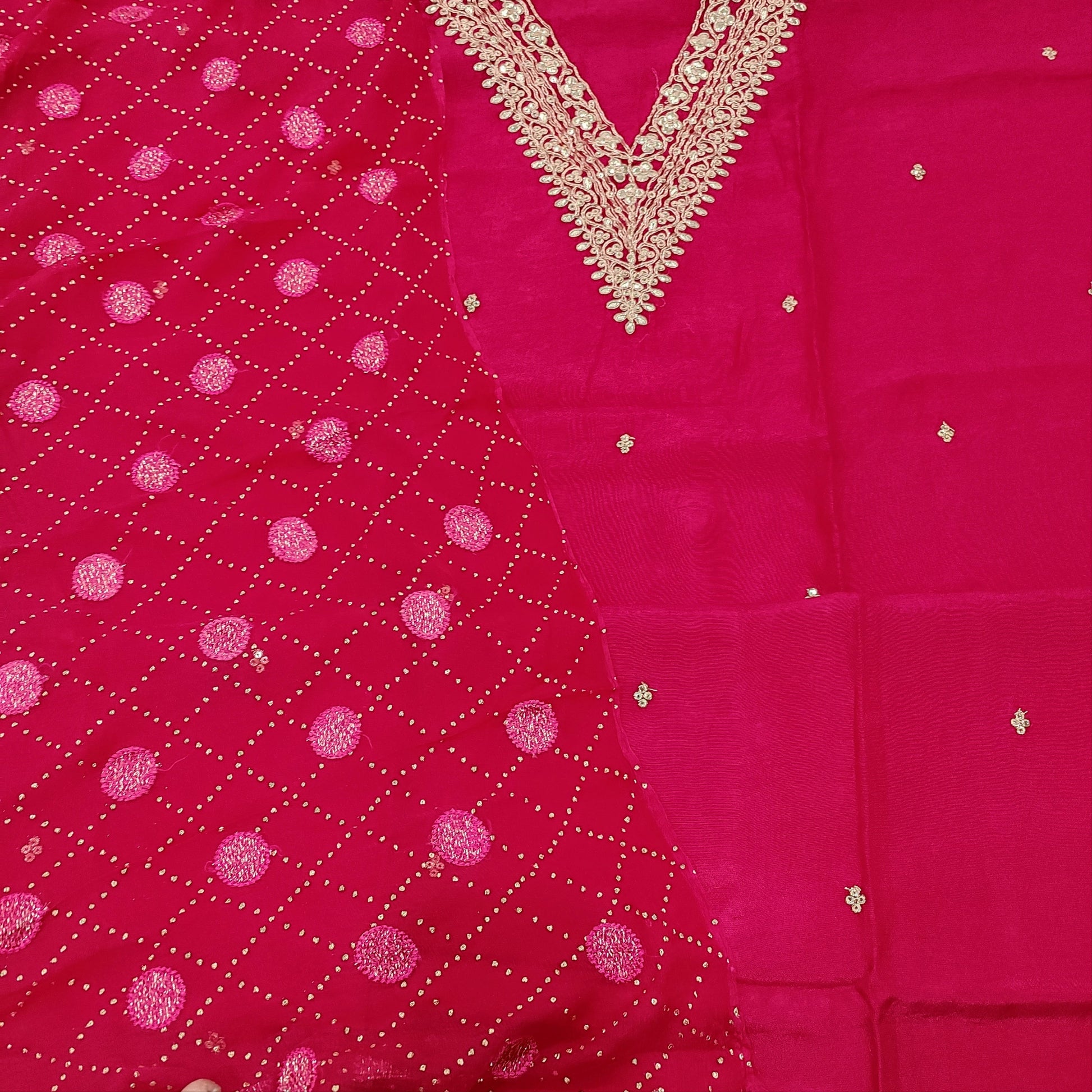 CODE JA252001: Bright pink pure dola silk unstitched salwar material v neck zari &sequins work on yoke& front(lining