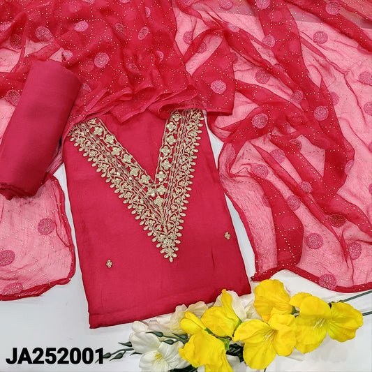 CODE JA252001: Bright pink pure dola silk unstitched salwar material v neck zari &sequins work on yoke& front(lining