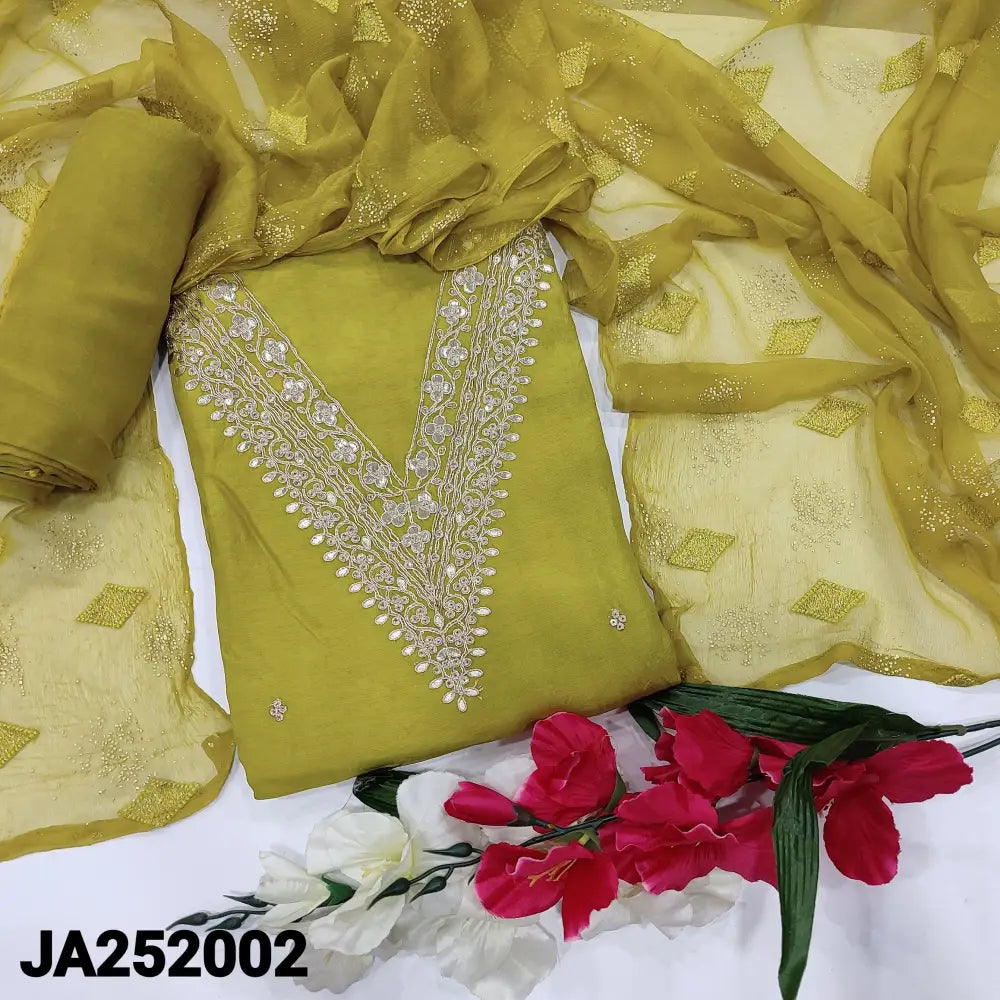 CODE JA252002: Bright mehandhi green pure dola silk unstitched salwar material v neck zari &sequins work on yoke&