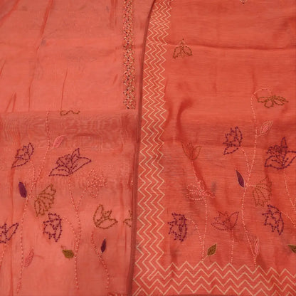 CODE JA252003: Dark peachish pink digital printed silk cotton unstitched salwar material hand embroidered on yoke&