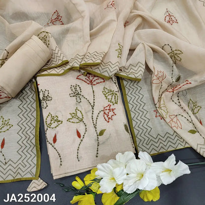 CODE JA252004: Beige digital printed silk cotton unstitched salwar material hand embroidered on yoke& front(thin fabric