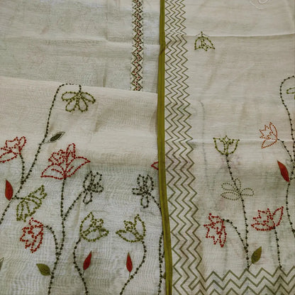 CODE JA252004: Beige digital printed silk cotton unstitched salwar material hand embroidered on yoke& front(thin fabric