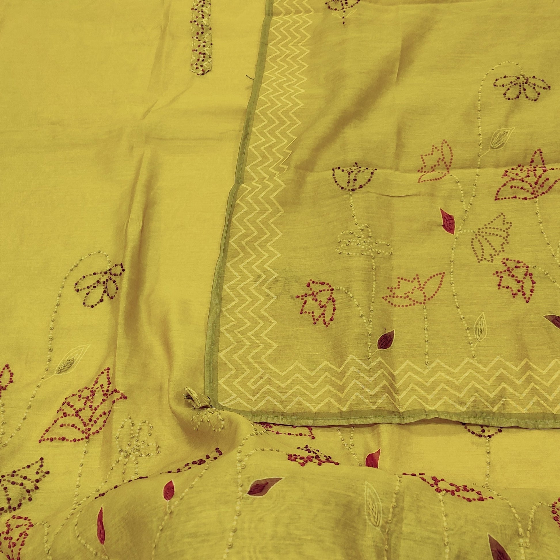 CODE JA252005: Bright mehandhi yellow digital printed silk cotton unstitched salwar material hand embroidered on yoke&