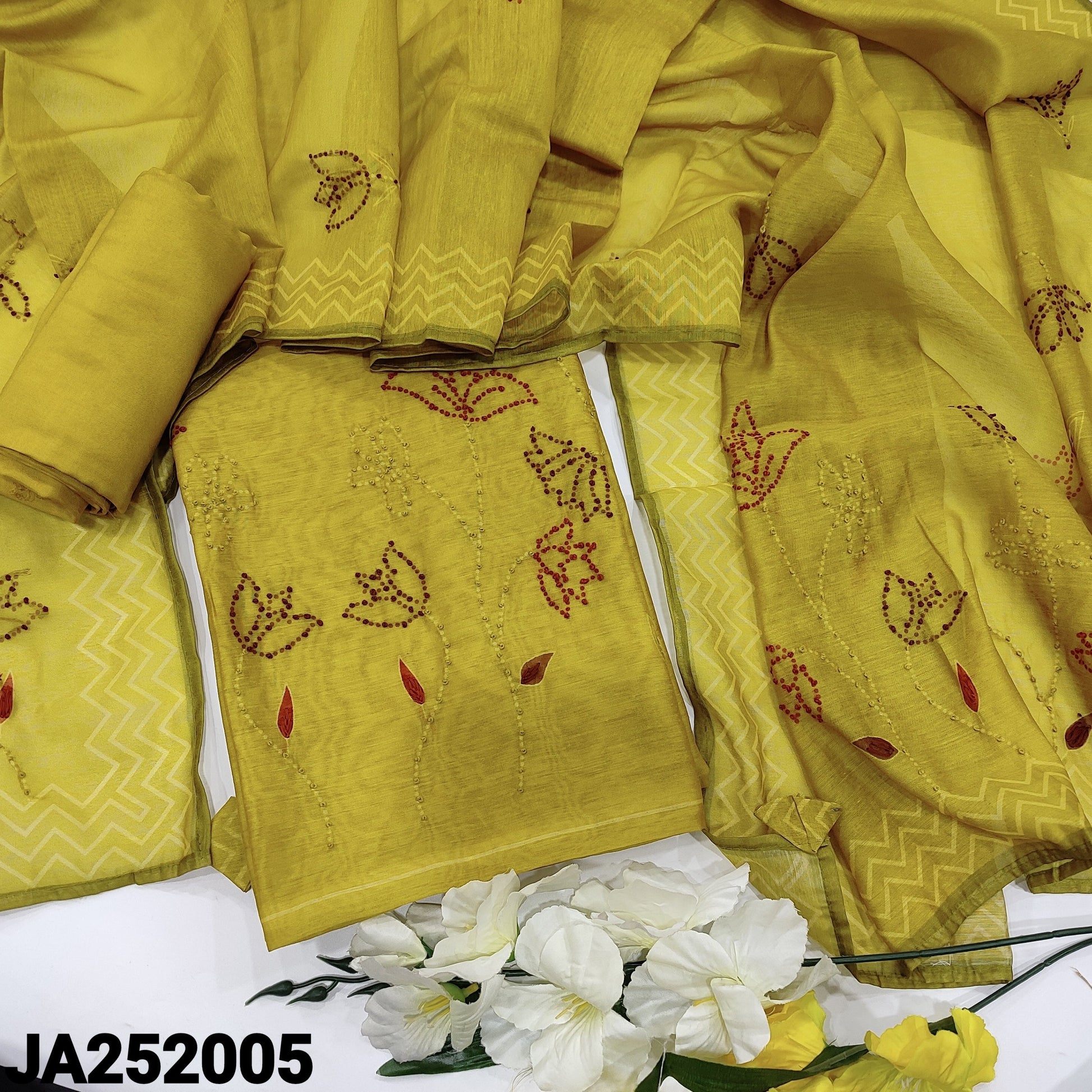 CODE JA252005: Bright mehandhi yellow digital printed silk cotton unstitched salwar material hand embroidered on yoke&