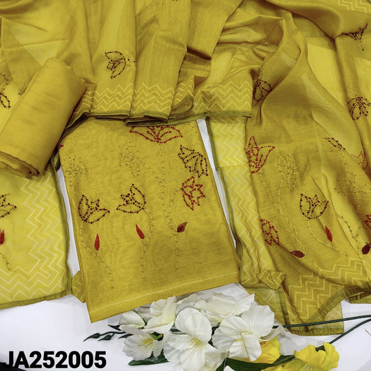 CODE JA252005: Bright mehandhi yellow digital printed silk cotton unstitched salwar material hand embroidered on yoke&