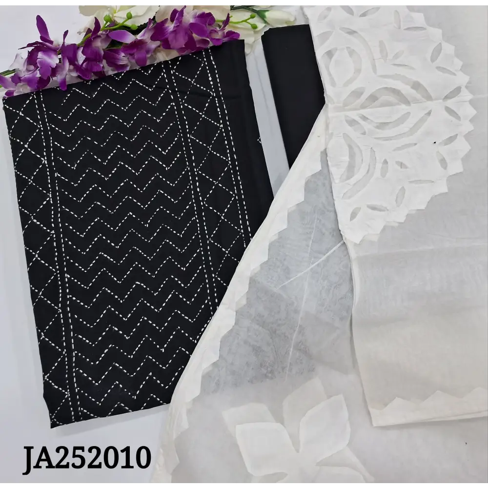 CODE JA252010: Black premium cotton unstitched salwar material hand embroidered on front(soft fabric lining