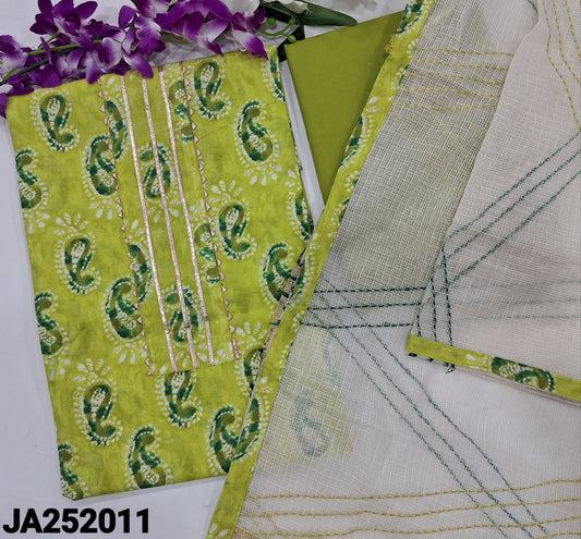 CODE JA252011: Light green printed pure cotton unstitched salwar material lace work on yoke(lining optional)matching