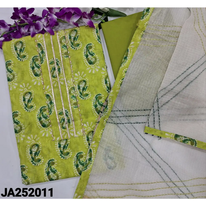 CODE JA252011: Light green printed pure cotton unstitched salwar material lace work on yoke(lining optional)matching