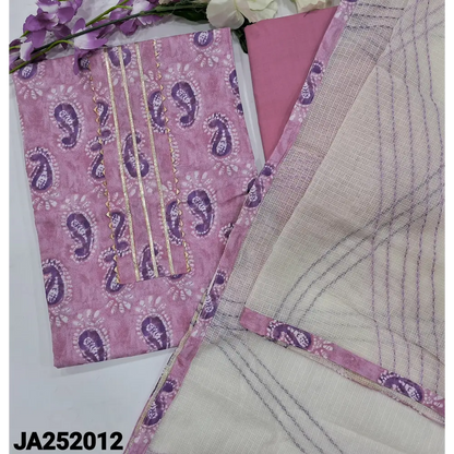 CODE JA252012: Pink printed pure cotton unstitched salwar material lace work on yoke(lining optional)matching cotton