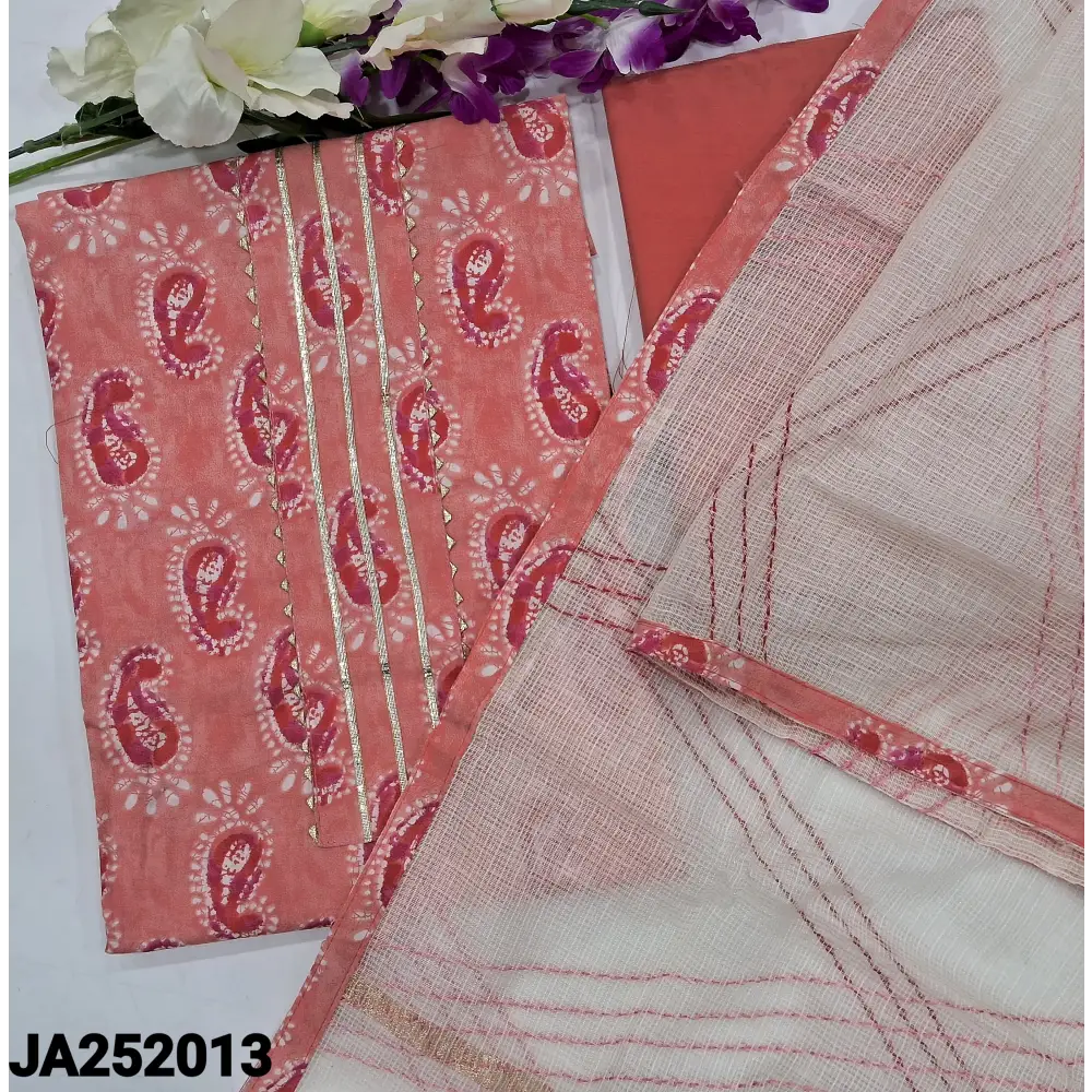 CODE JA252013: Peachish pink printed pure cotton unstitched salwar material lace work on yoke(lining optional)matching