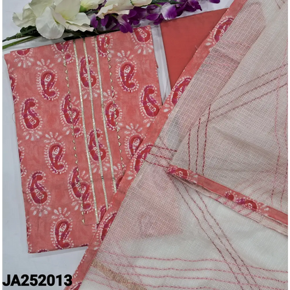 CODE JA252013: Peachish pink printed pure cotton unstitched salwar material lace work on yoke(lining optional)matching