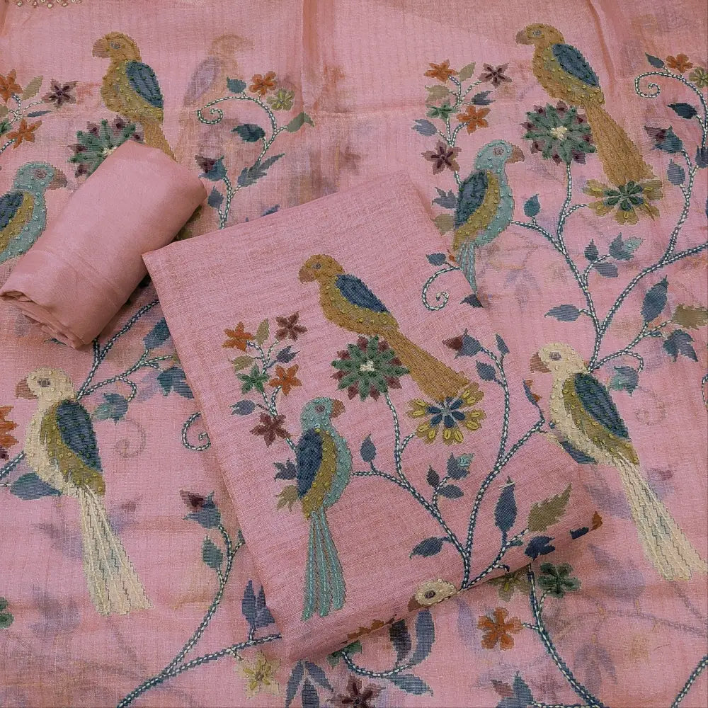 CODE JA252101: Pastel pink with golden tint digital printed tissue linen unstitched salwar material v neck thread work