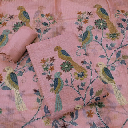 CODE JA252101: Pastel pink with golden tint digital printed tissue linen unstitched salwar material v neck thread work