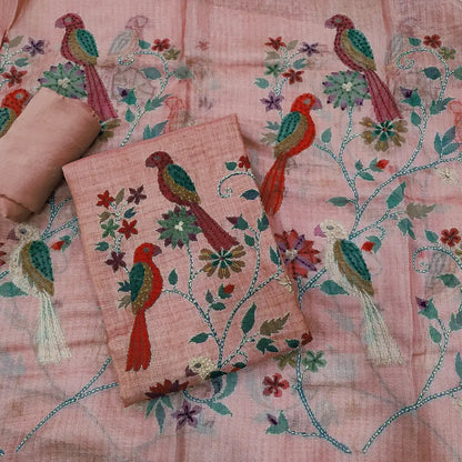 CODE JA252103: Pastel peach with golden tint digital printed tissue linen unstitched salwar material v neck thread work