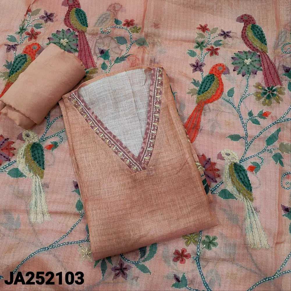 CODE JA252103: Pastel peach with golden tint digital printed tissue linen unstitched salwar material v neck thread work