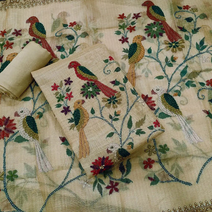 CODE JA252104: Golden beige digital printed tissue linen unstitched salwar material v neck thread work on yoke&