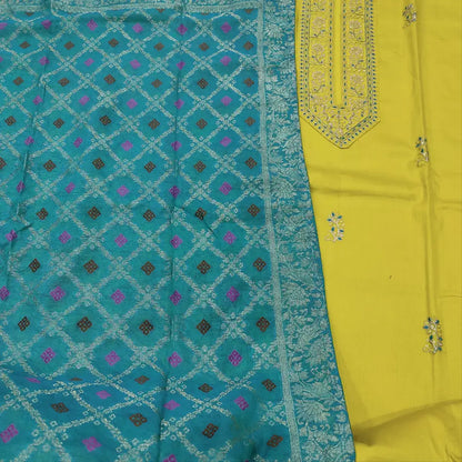 CODE JA252105: Bright sunshine yellow satin cotton unstitched salwar material zari& sequins work on yoke(lining