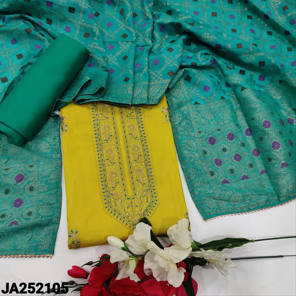 CODE JA252105: Bright sunshine yellow satin cotton unstitched salwar material zari& sequins work on yoke(lining