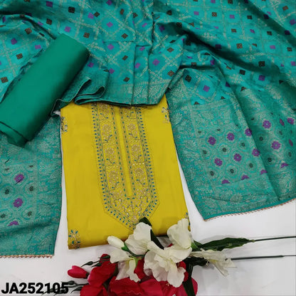 CODE JA252105: Bright sunshine yellow satin cotton unstitched salwar material zari& sequins work on yoke(lining