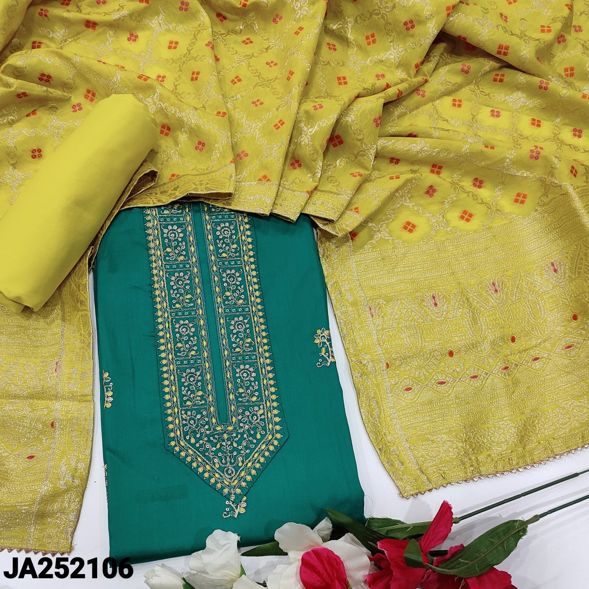 CODE JA252106: Turquoise green satin cotton unstitched salwar material zari& sequins work on yoke(lining