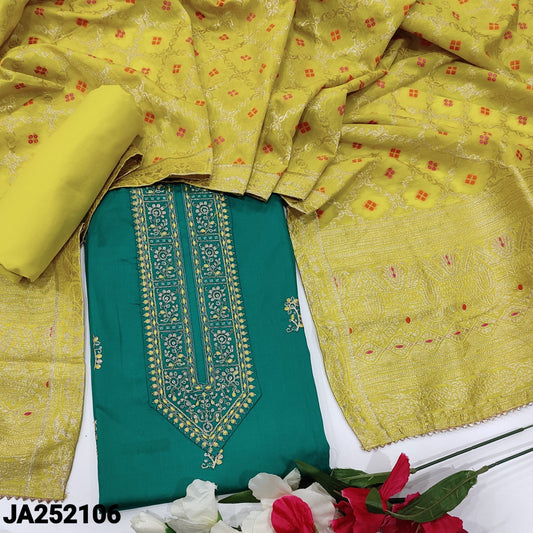 CODE JA252106: Turquoise green satin cotton unstitched salwar material zari& sequins work on yoke(lining