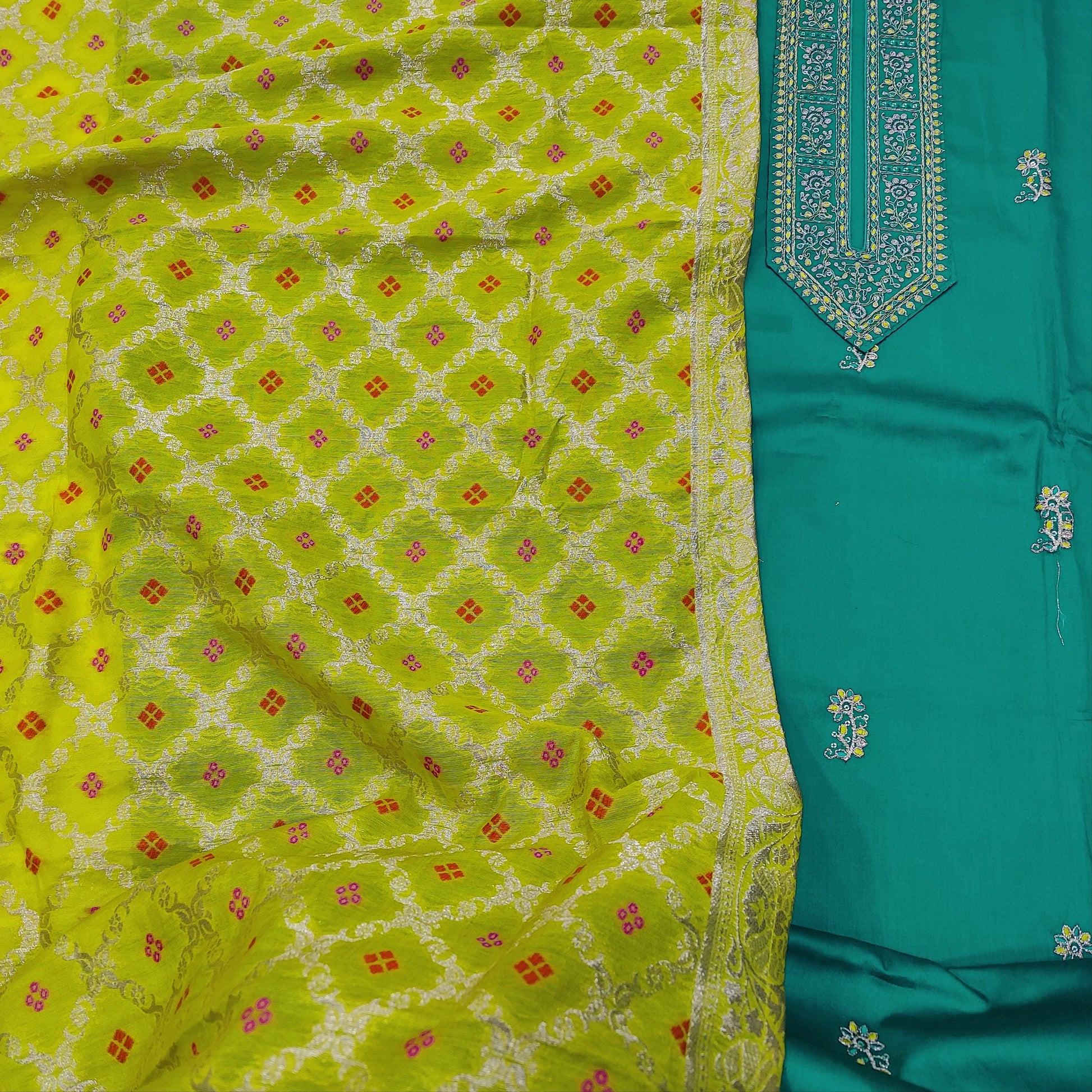 CODE JA252106: Turquoise green satin cotton unstitched salwar material zari& sequins work on yoke(lining