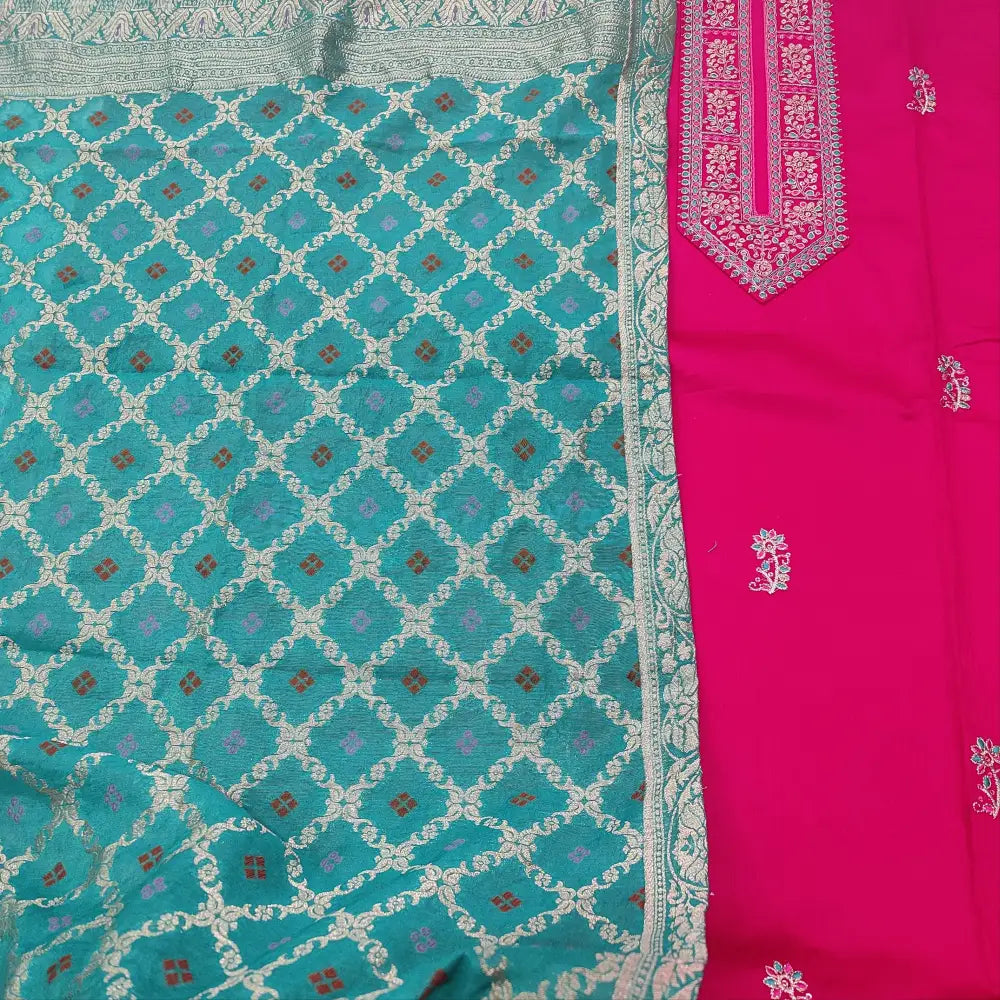 CODE JA252107: Bright pink satin cotton unstitched salwar material zari& sequins work on yoke(lining optional)turquoise