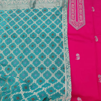 CODE JA252107: Bright pink satin cotton unstitched salwar material zari& sequins work on yoke(lining optional)turquoise