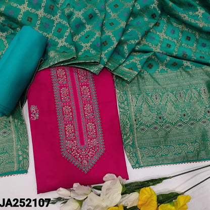 CODE JA252107: Bright pink satin cotton unstitched salwar material zari& sequins work on yoke(lining optional)turquoise