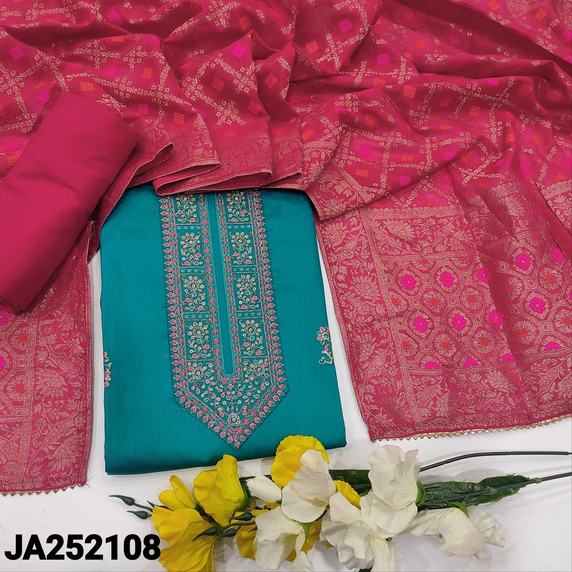 CODE JA252108: Bright turquoise blue satin cotton unstitched salwar material zari& sequins work on yoke(lining