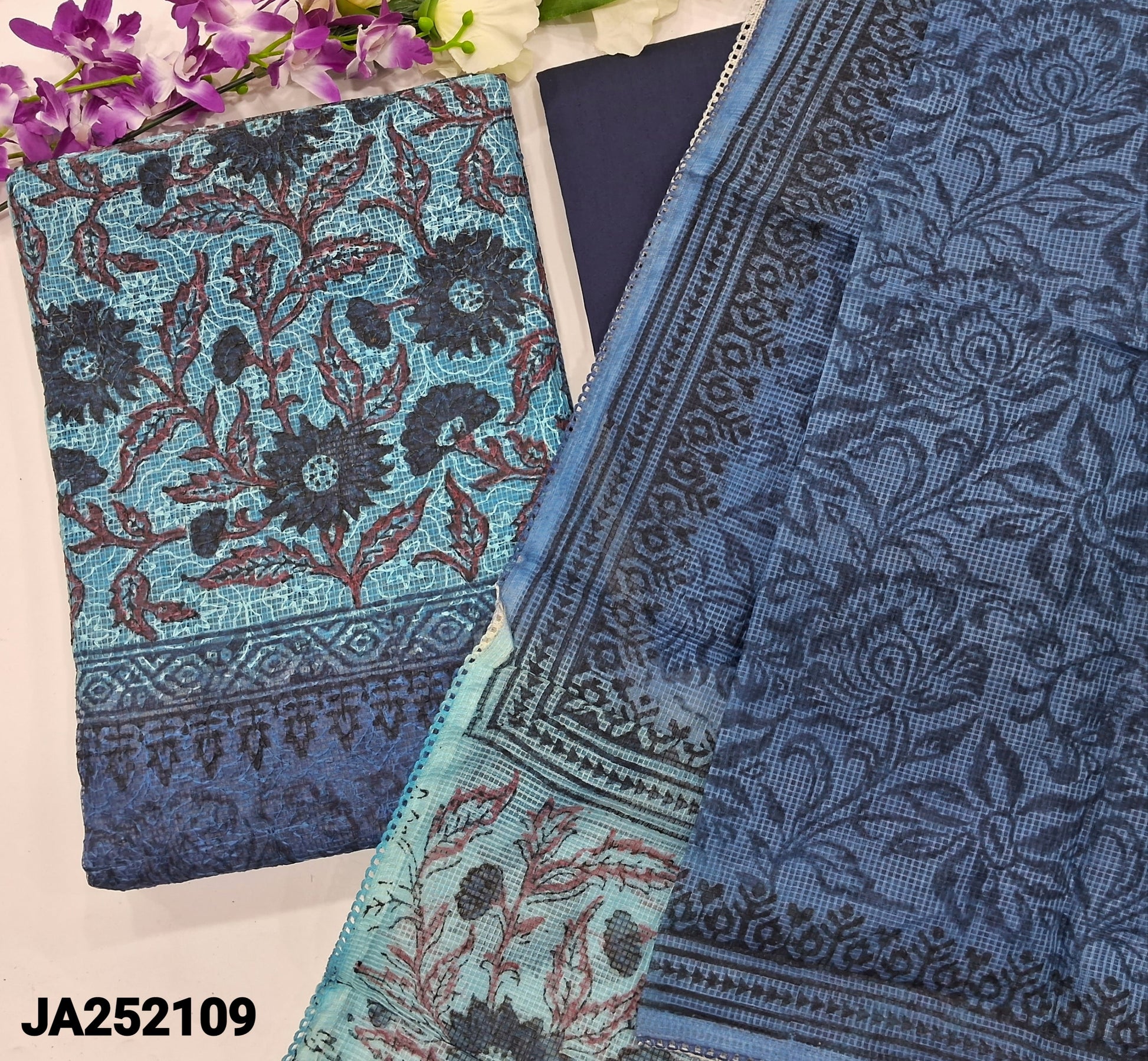 CODE JA252109: Light& dark blue block printed fancy super net unstitched salwar material(netted fabric lining