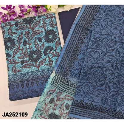 CODE JA252109: Light& dark blue block printed fancy super net unstitched salwar material(netted fabric lining