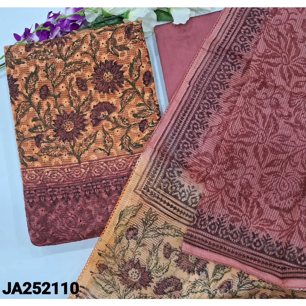 CODE JA252110: Peach& dark onion pink block printed fancy super net unstitched salwar material(netted fabric lining