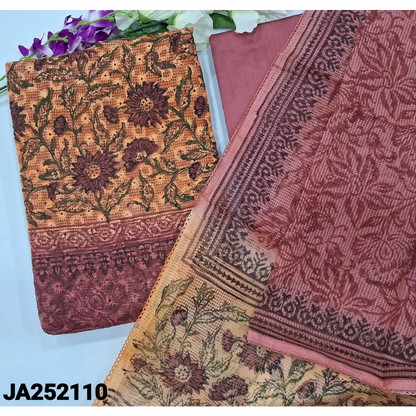 CODE JA252110: Peach& dark onion pink block printed fancy super net unstitched salwar material(netted fabric lining